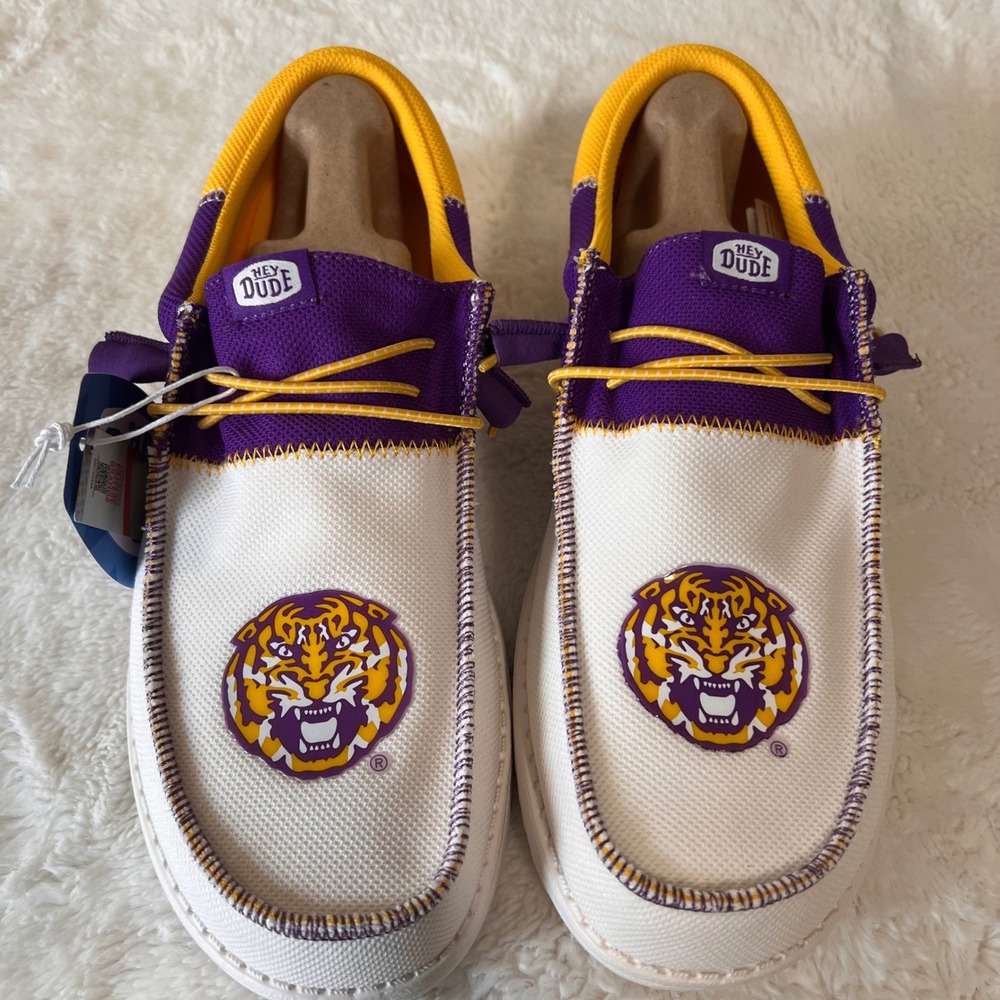 HEYDUDE Men Wally Tri LSU Purple Gold Slip On‎ Shoes Size 11 NWT